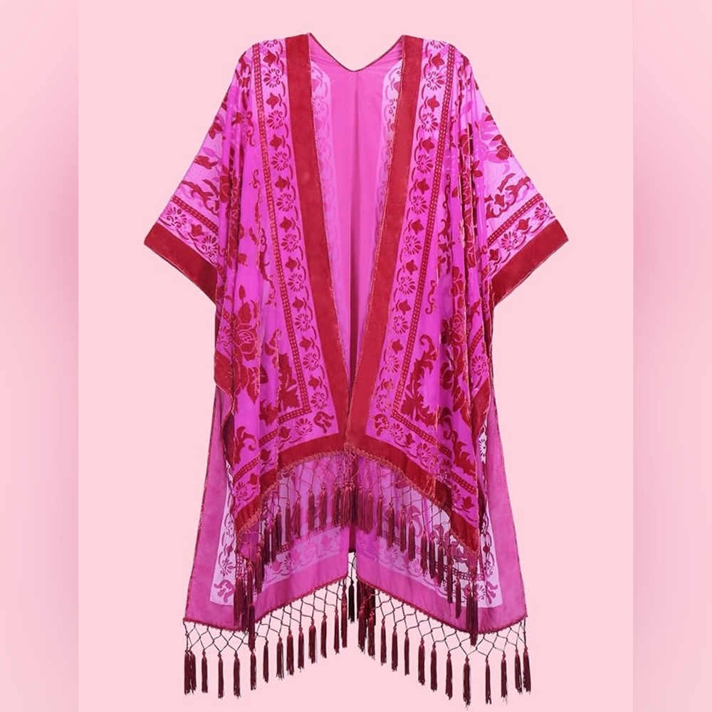 Fuchsia Burnout Velvet Tassel Trim Kimono Poncho
